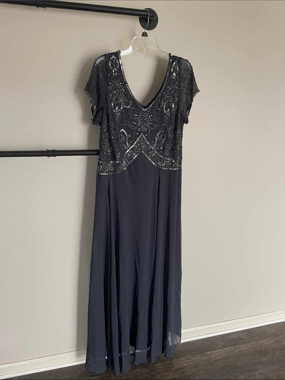 J Kara Navy Beaded V-Neck Maxi Dress